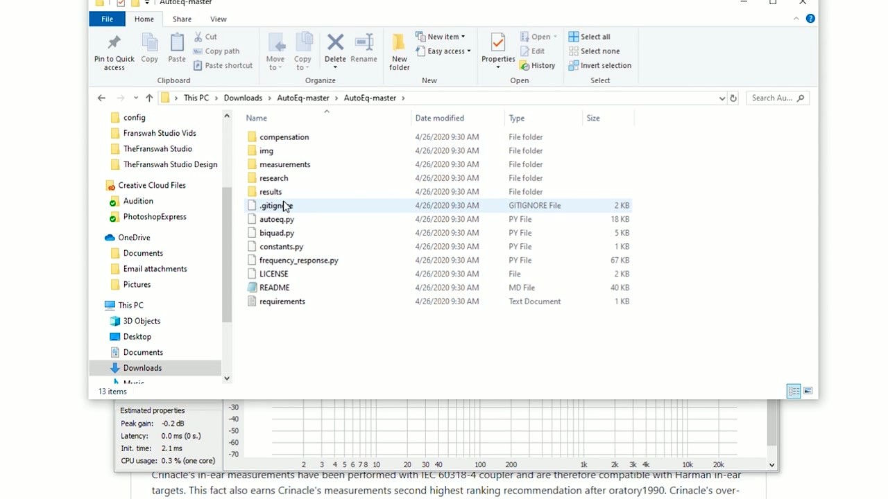 AutoEq repository folder structure showing autoeq.py, measurements, and results directories