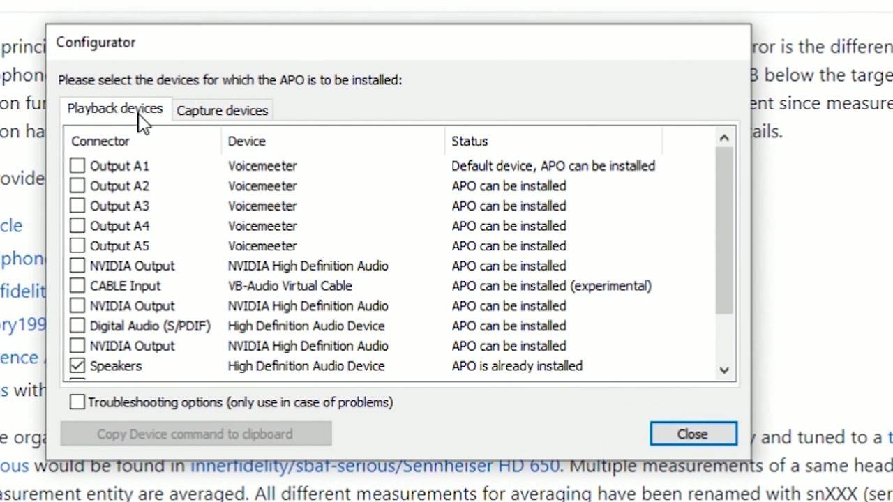 Equalizer APO Configurator showing device selection during installation