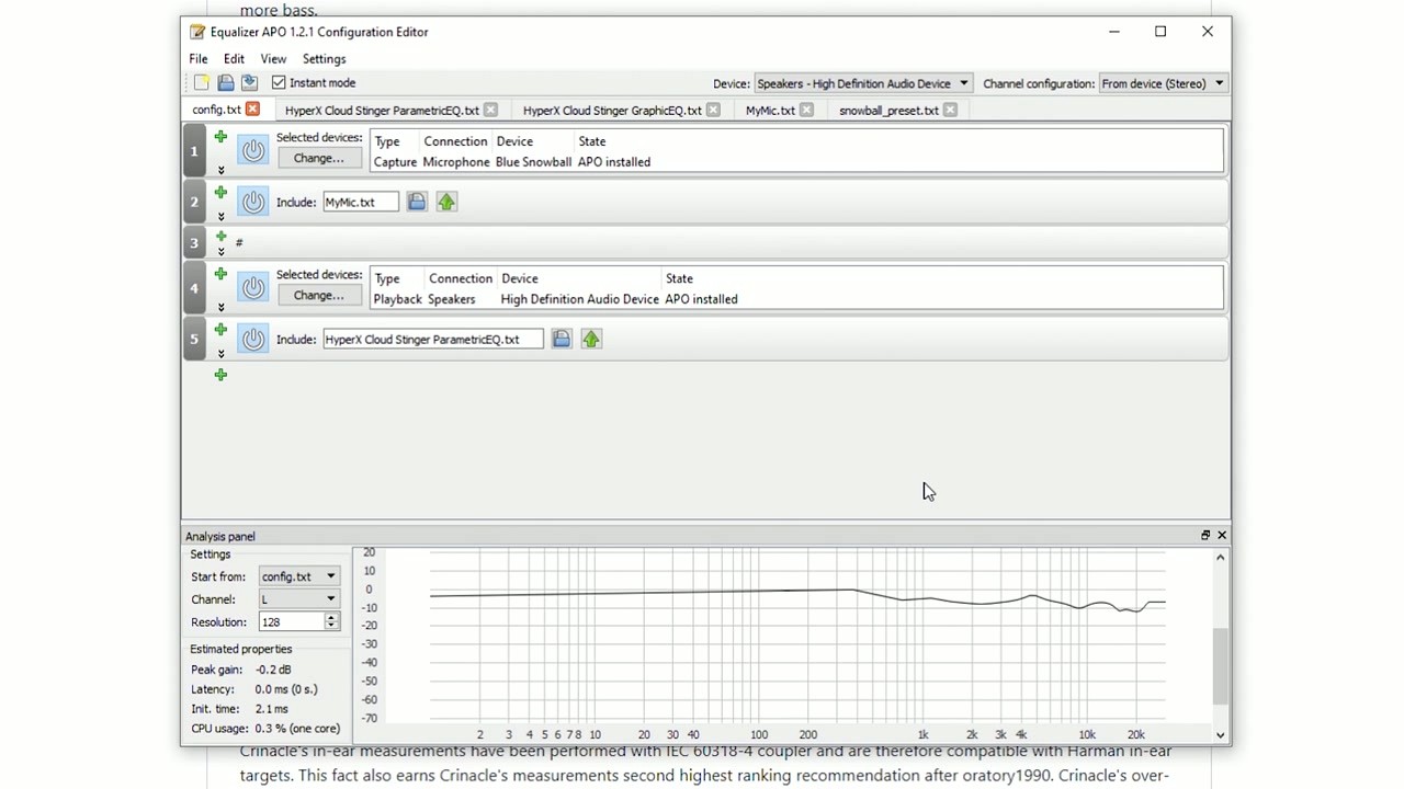 Equalizer APO Configuration Editor with a loaded ParametricEQ preset and frequency response analysis