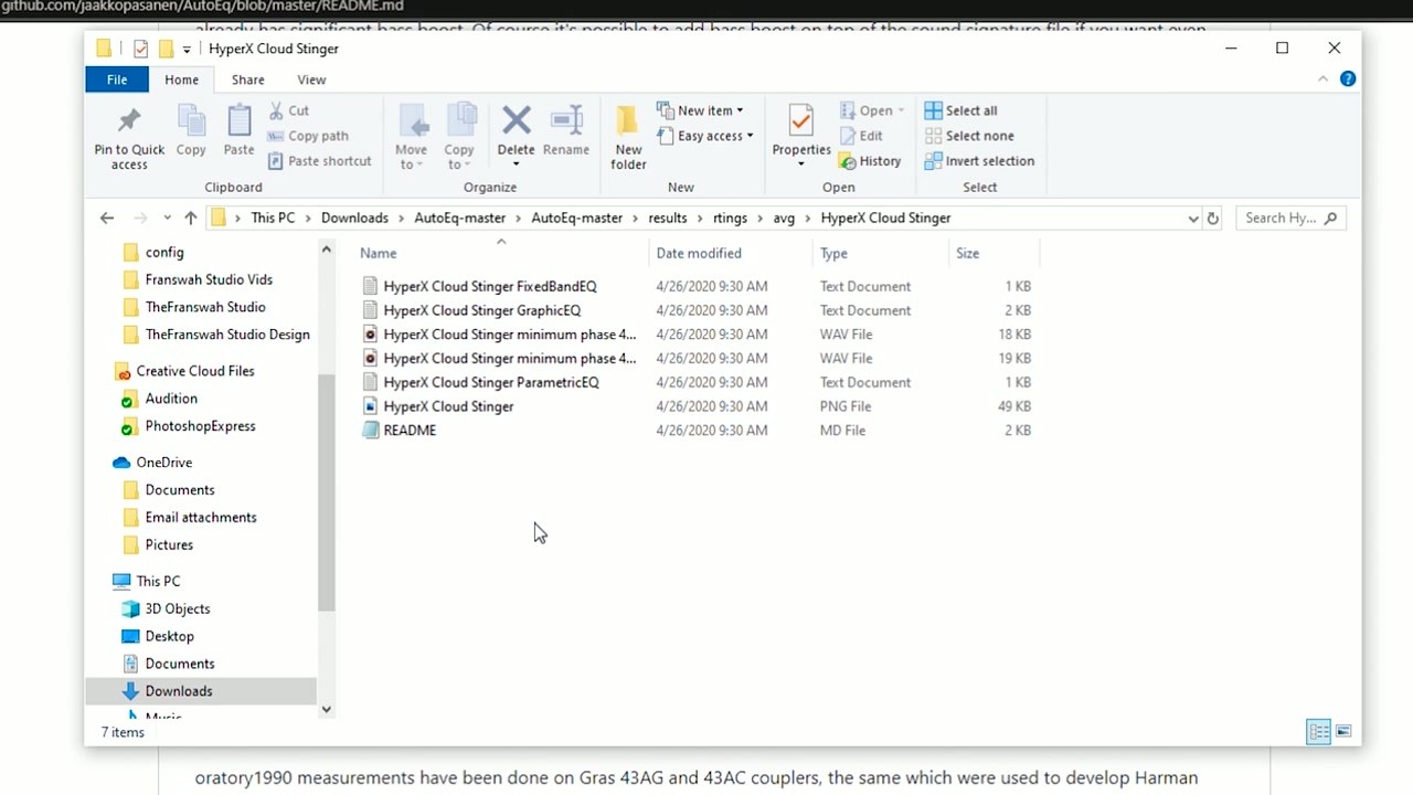 AutoEq results folder showing generated ParametricEQ, GraphicEQ, and WAV files for a headphone