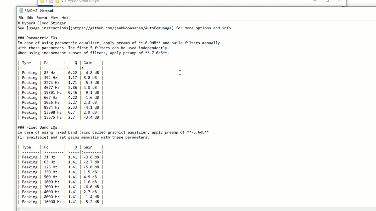 AutoEq README showing parametric EQ filter values with frequency, Q factor, and gain