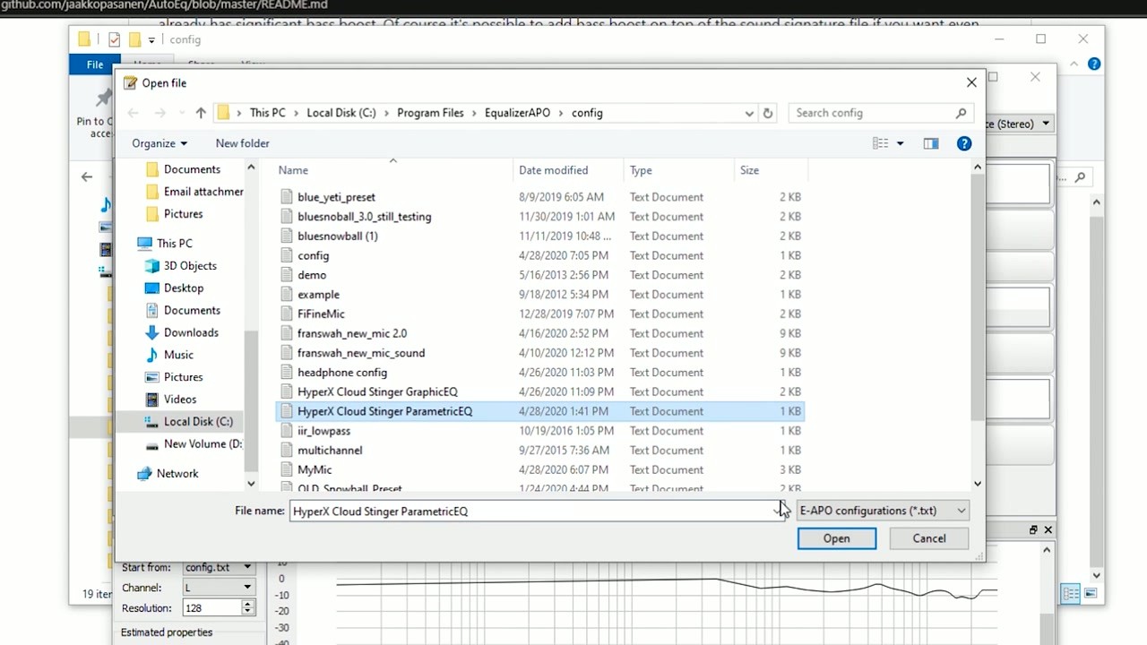 Equalizer APO file browser selecting a ParametricEQ preset file